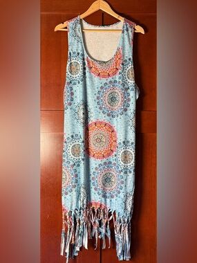 Light Blue Mandala Fringe Boho Swim Coverup Dress Size 3X